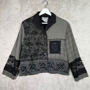 Vtg Faith Blazer Top Large Art to Wear Patchwork Floral Sequins Beads Sheer Lace